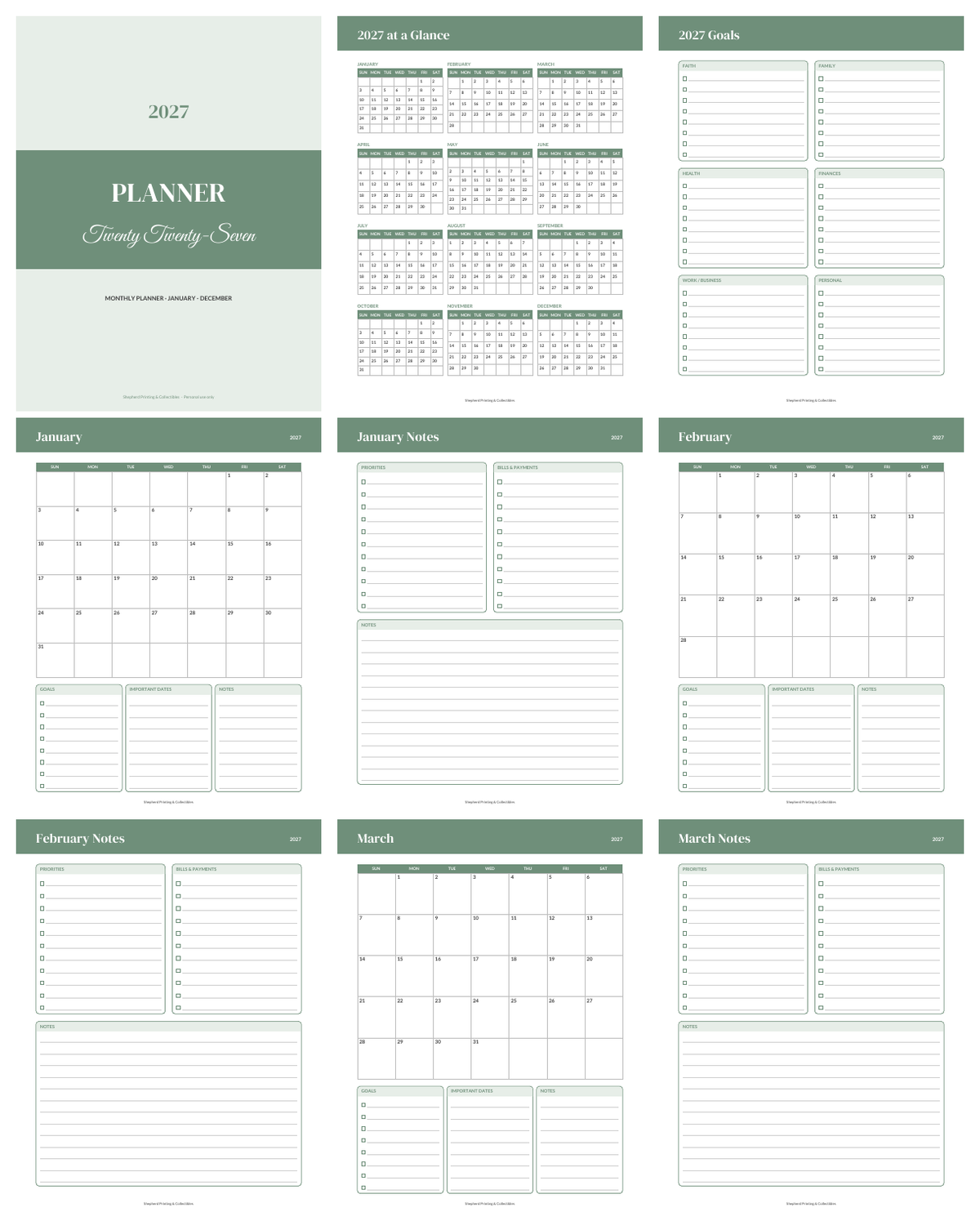 2027 Monthly Planner sample pages