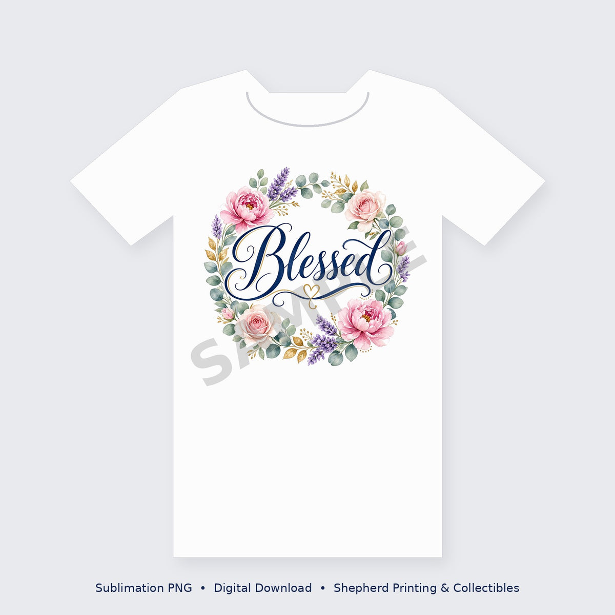 Blessed Watercolor Floral Wreath Sublimation PNG – Digital Download