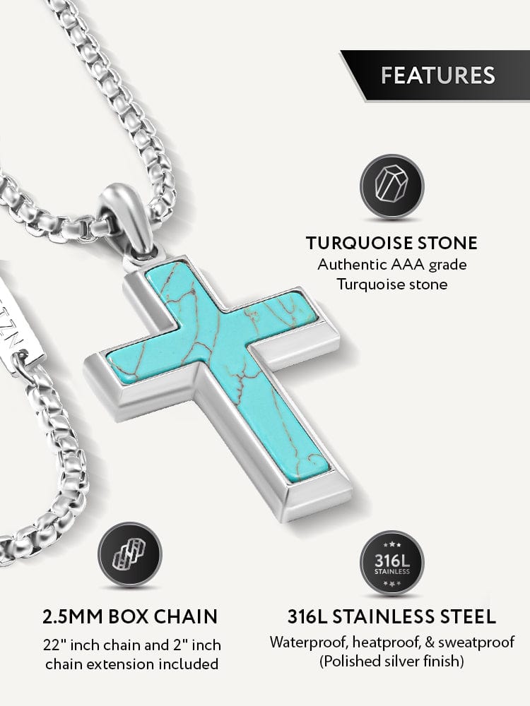 Men's Turquoise Cross Necklace – Stainless Steel Christian Pendant Gift