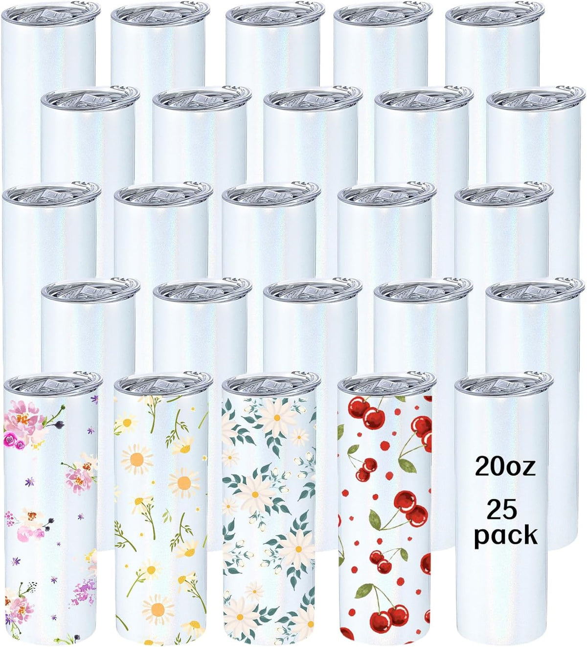 Sublimation 25 Pack 20oz Blank Glitter Holographic Straight Stainless Tumblers Tumbler Coffee Cup w/straw, & box