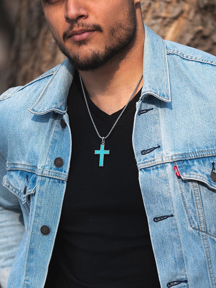 Men's Turquoise Cross Necklace – Stainless Steel Christian Pendant Gift