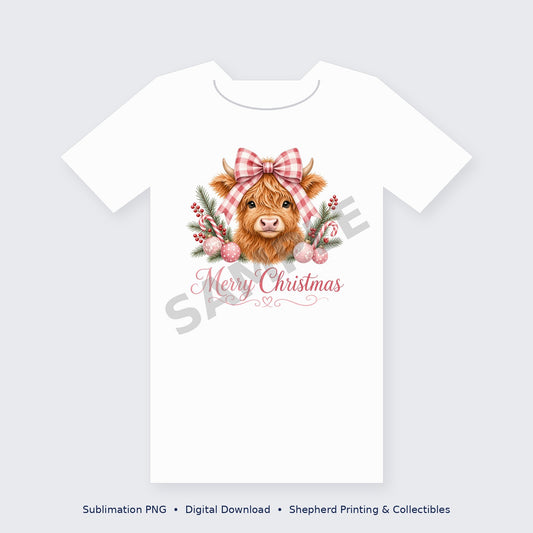 Christmas Highland Cow Coquette Bow Sublimation PNG – Digital Download