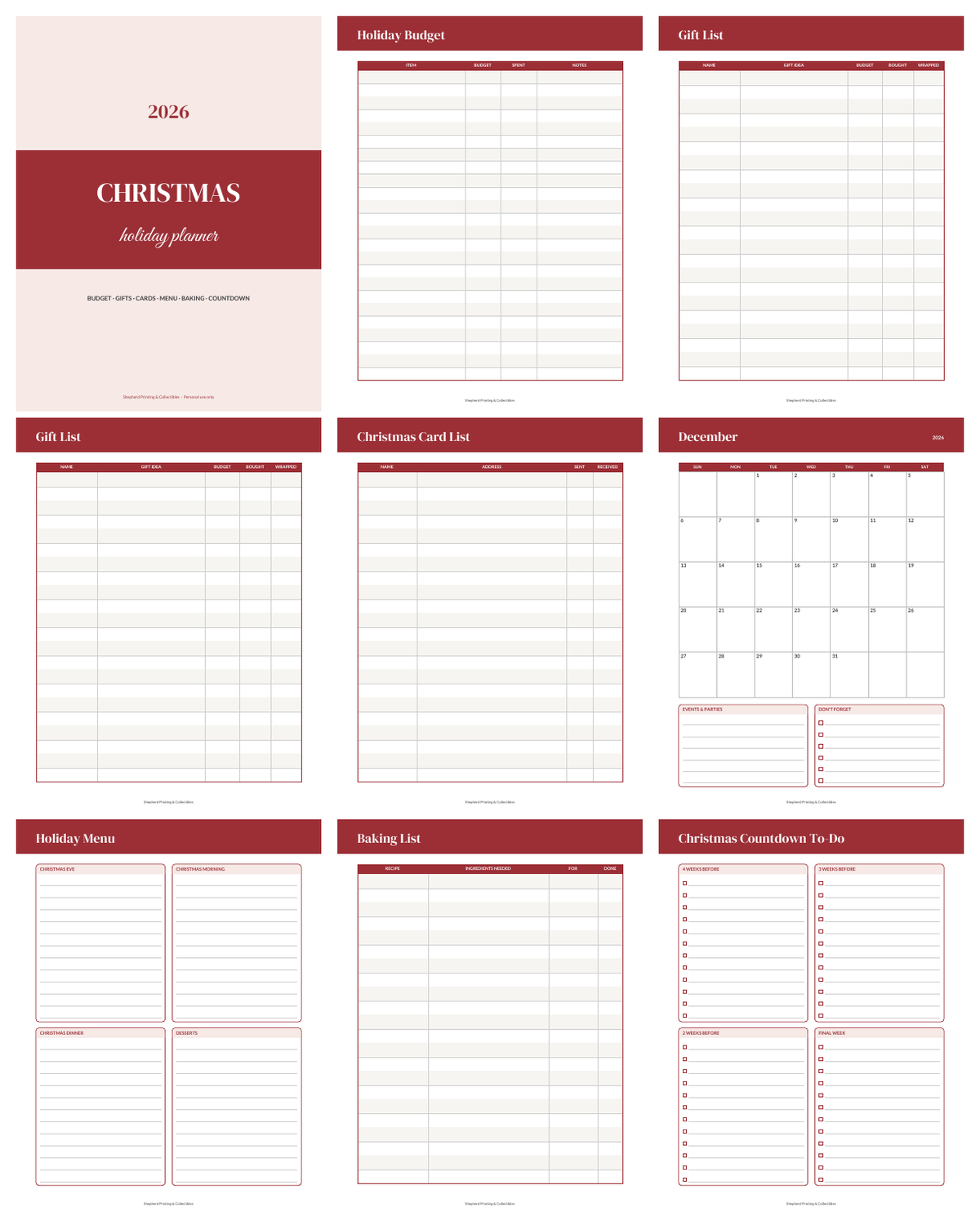 Christmas Holiday Planner sample pages