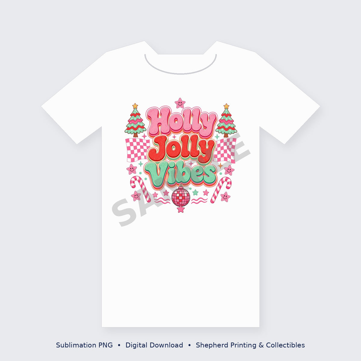 Holly Jolly Vibes Retro Pink Christmas Sublimation PNG – Digital Download