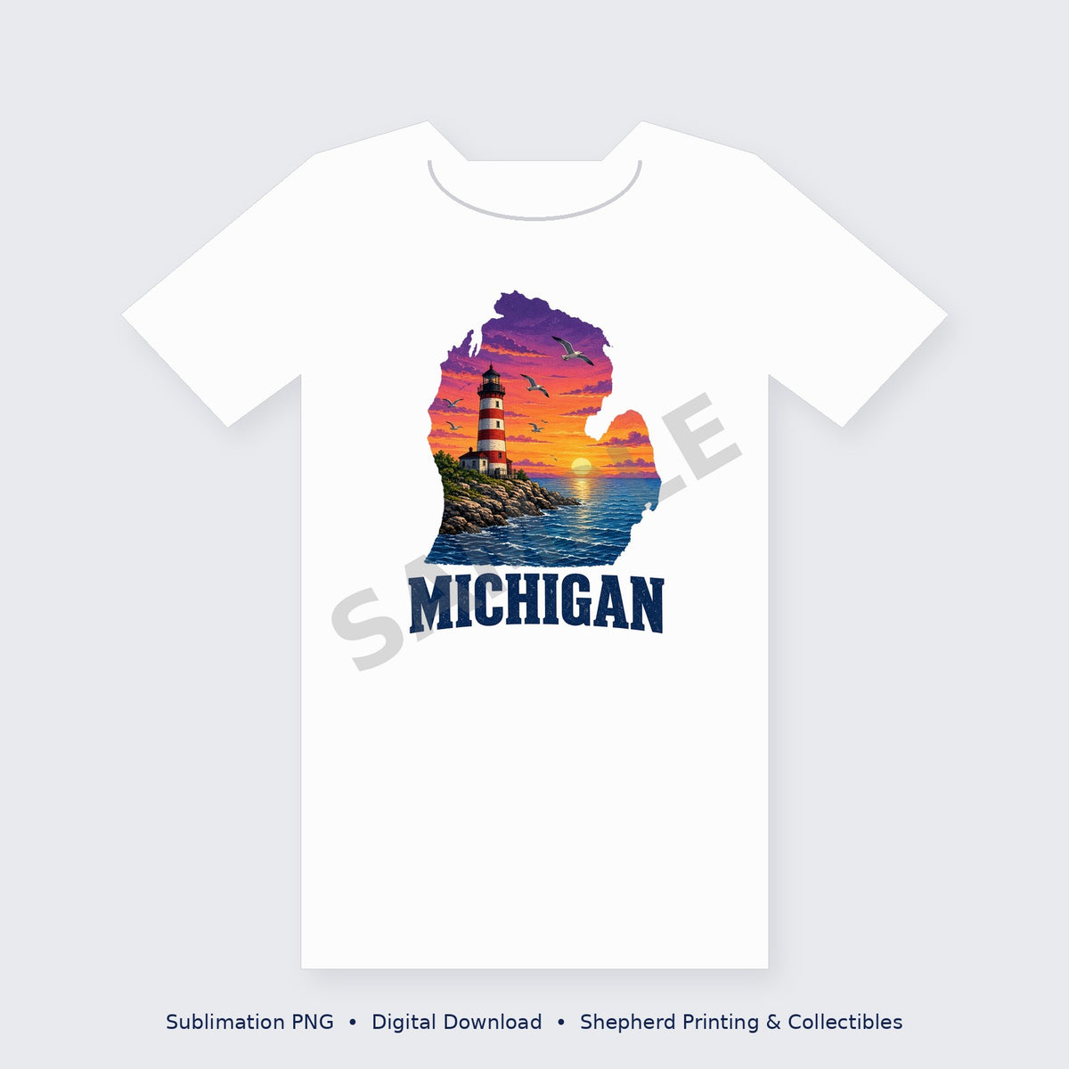 Michigan Mitten Lighthouse Sunset – Great Lakes Sublimation PNG for Shirts & Tumblers
