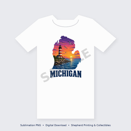 Michigan Mitten Lighthouse Sunset – Great Lakes Sublimation PNG for Shirts & Tumblers