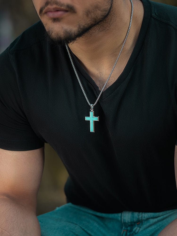 Men's Turquoise Cross Necklace – Stainless Steel Christian Pendant Gift