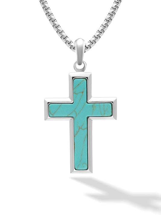 Men's Turquoise Cross Necklace – Stainless Steel Christian Pendant Gift