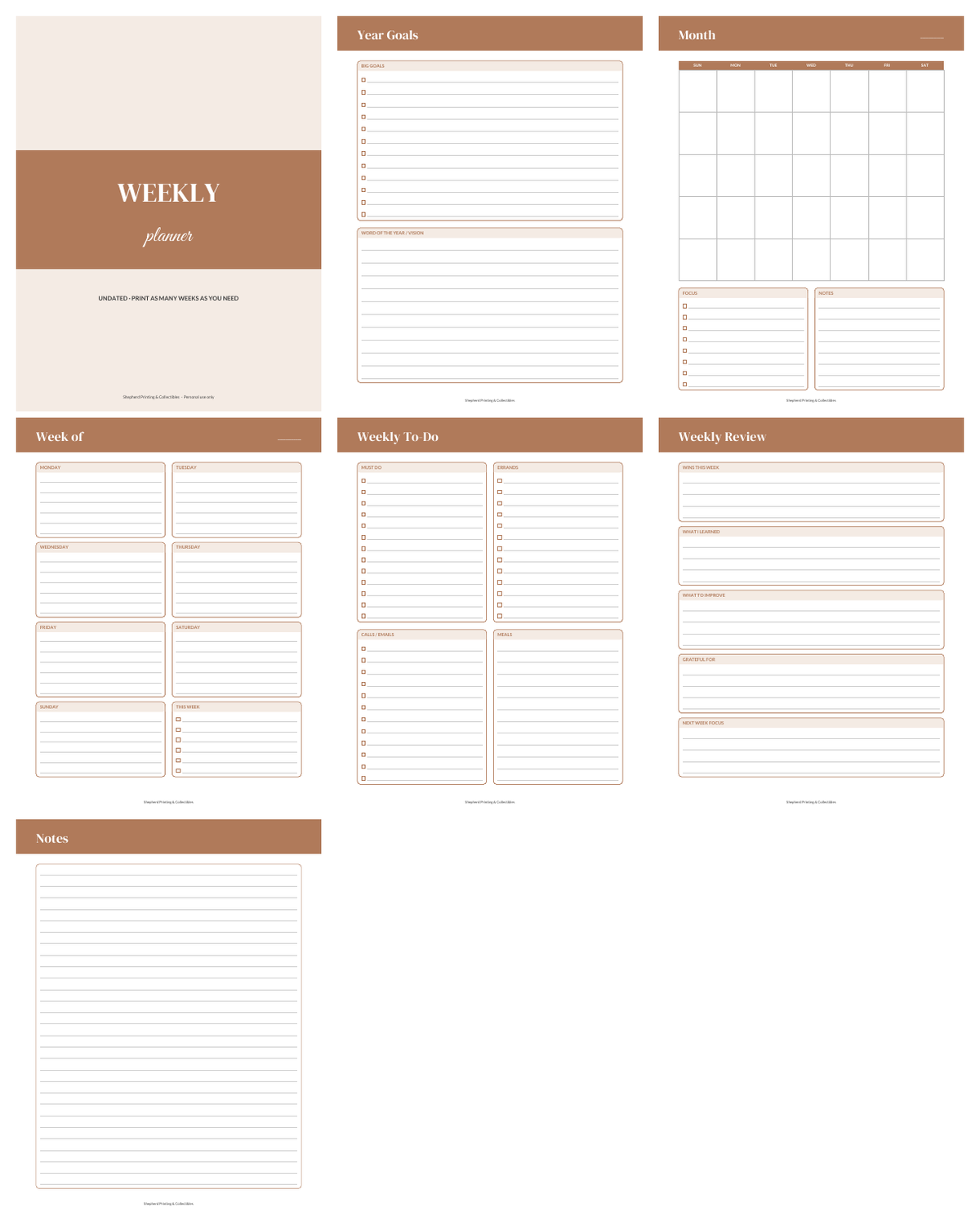 Undated Weekly Planner sample pages