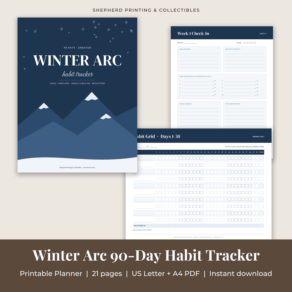 Winter Arc 90-Day Habit Tracker printable preview